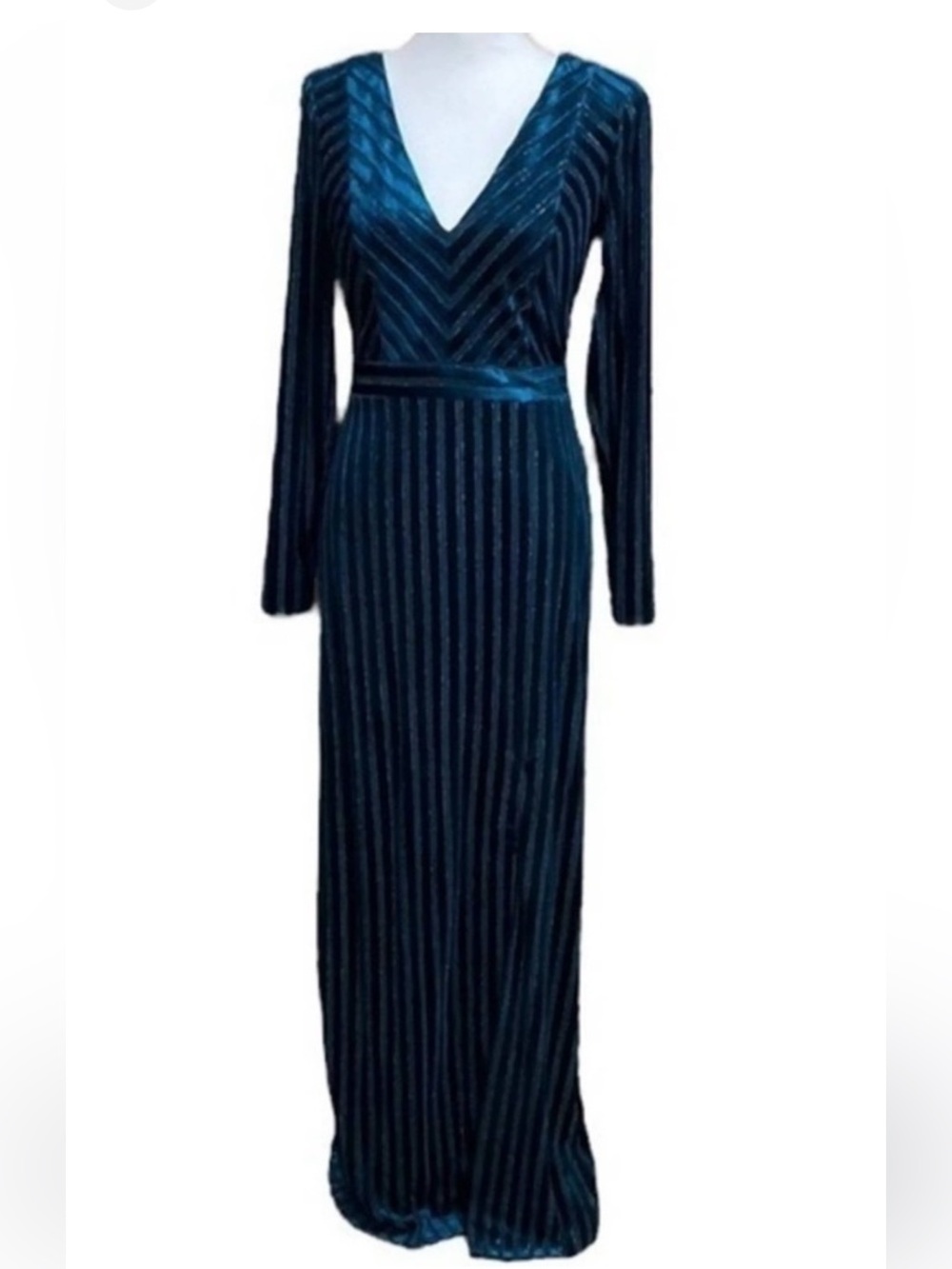 Badgley Mischka Deep Teal with Silver Thread Long Sleeve V-Neck Maxi Lara Dress